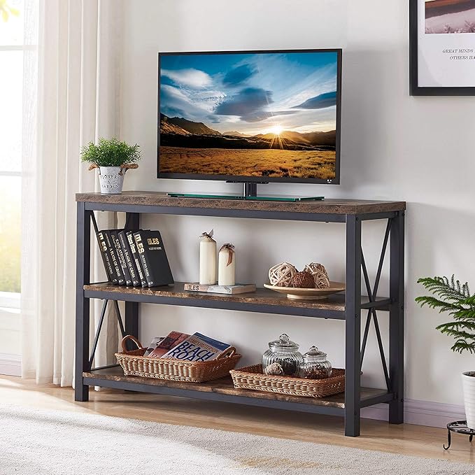 BON AUGURE Industrial Sofa Console Table for Entryway, 3 Tier Foyer Table for Hallway, Rustic Hall Tables Behind Couch (47 Inch, Rustic Brown)-Ruum Studio Home