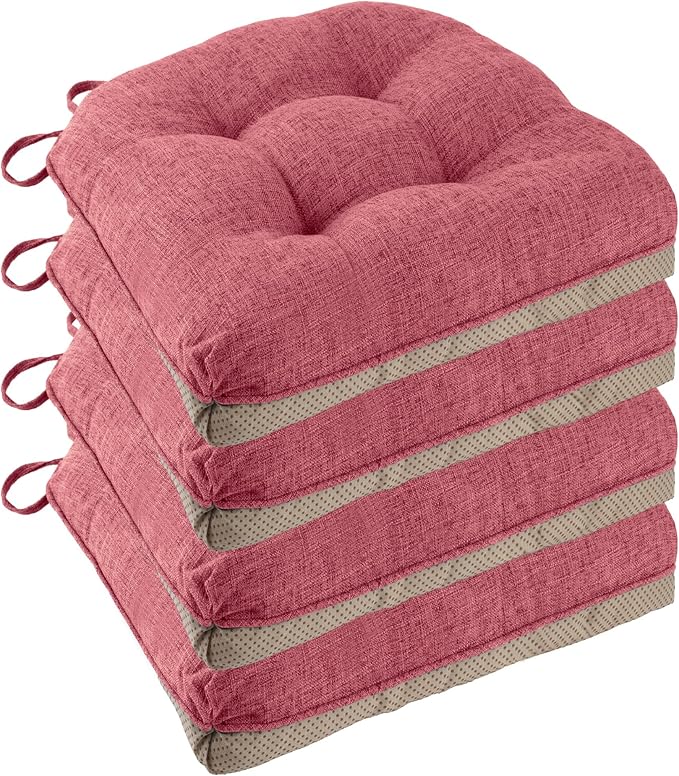 Non Slip Chair Cushions for Dining Chairs Set of 4 Kitchen Chair Cushions 18"x18"x3" Turfted Chair Pads Comfortable and Soft Seat Cushion with Ties (Pink)-Ruum Studio Home