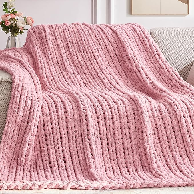 Chunky Knit Throw Blanket, 30''*40'' Knitted Throw Chenille Yarn for Bed Couch, Handmade Light Pink Crochet Big Thick Blanket, Machine Washable Cute Comfy Blanket for Home Decor-Ruum Studio Home