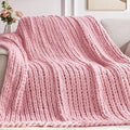Chunky Knit Throw Blanket, 60''*80'' Knitted Throw Chenille Yarn for Bed Couch, Handmade Light Pink Crochet Big Thick Blanket, Machine Washable Cute Comfy Blanket for Home Decor-Ruum Studio Home