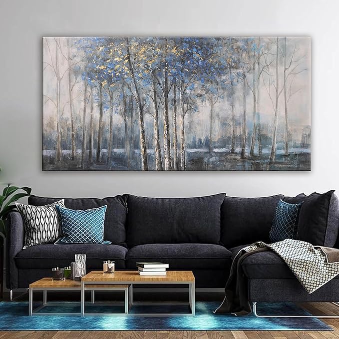 Canvas Wall Art Decor Pictures Wall Decor Prints Modern Wall Art Decor Large Gold Wall Art Blue Grey Misty Botanical Textured Artwork for Walls For Room Living Room Bedroom Office Wall Decor 29"X58"-Ruum Studio Home