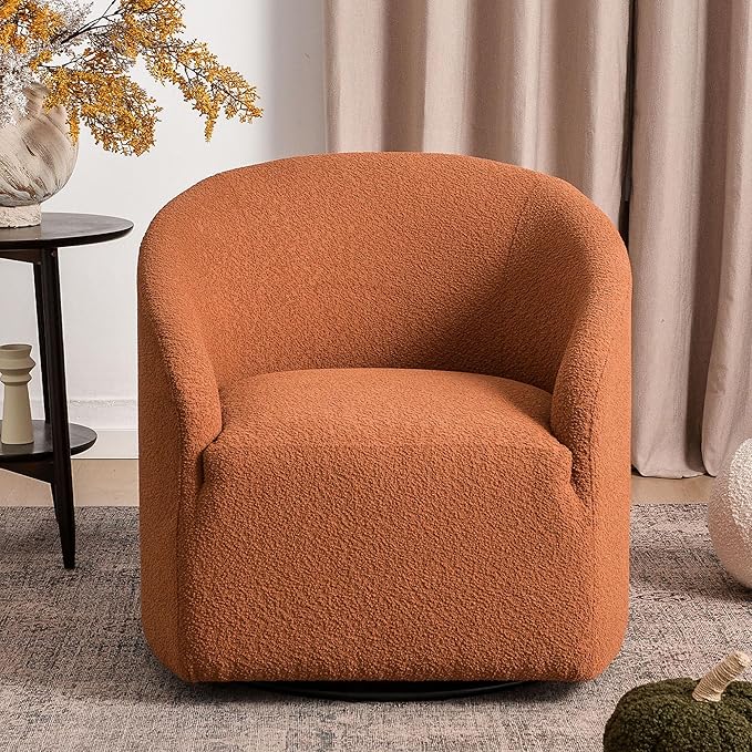 KINWELL 32" Wide Swivel Boucle Accent Chair Armchair, No Assembly Mid-Century Modern Round Upholstered Barrel Chair for Living Room, Bedroom, Office (Caramel)-Ruum Studio Home