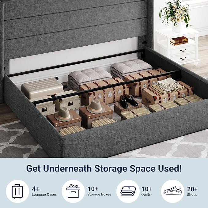 Allewie King Size Lift Up Storage Bed, Modern Wingback Headboard, Hydraulic Support, No Box Spring Needed, Dark Grey-Ruum Studio Home