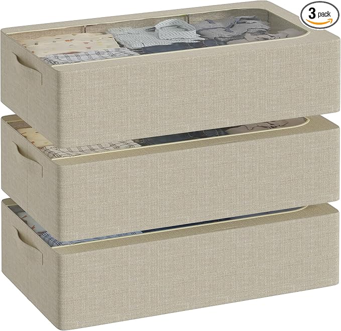 3PCS Under Bed Storage Bins with Metal Frame, Linen Fabric Frame Storage Box Clothes Organizer Bins, Underbed Container with Clear Window (Beige, 15.7 x 13 x 6IN)-Ruum Studio Home