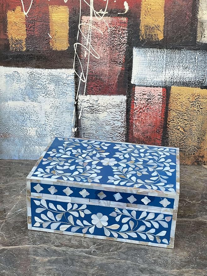 Decorative Storage Box Of Mother Of Pearl Inlay Floral Design Wooden Storage Box For Home Decoration For Living Dining & Bedroom (Navy Blue_12x8x5 inch)-Ruum Studio Home