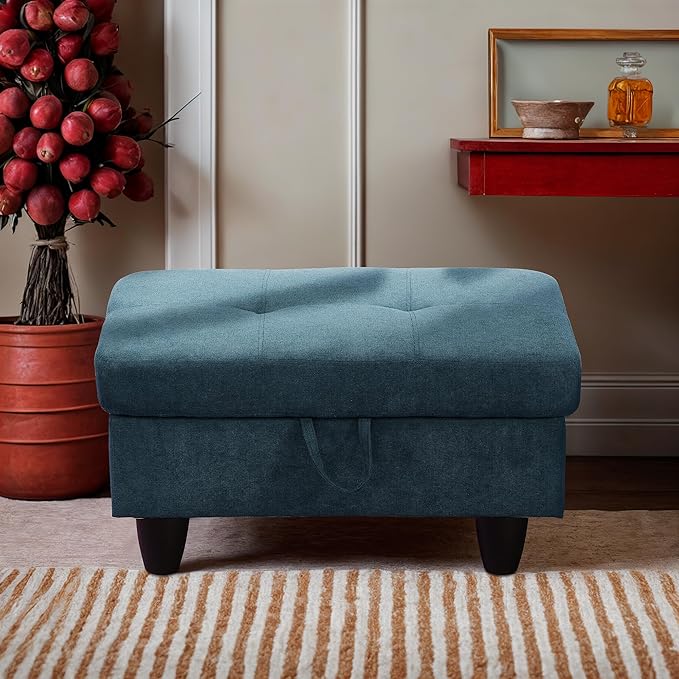 Ottoman Rectangular Storage Ottoman Bench, Flannel Footrest Stool Footstool with Lid for Living Room, Bedroom, Entryway, Lake Blue, 28.5"x19"x17.5"-Ruum Studio Home