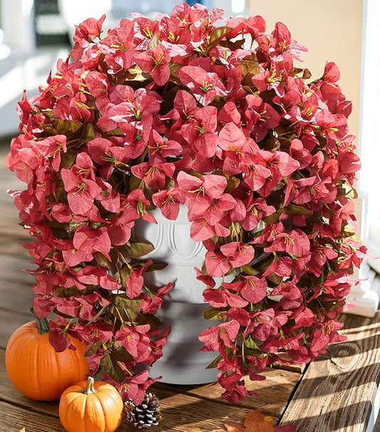 Bougainvillea Artificial Flowers Plants for Outdoors Outside Fall Autumn Decoration, 2 pcs Faux Silk Long Trailing Vines UV Resistant Look Real Red Fake Flowers for Front Door Porch Planter Urn Patio-Ruum Studio Home