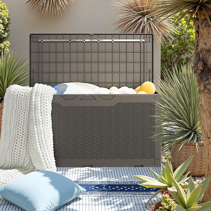 JUMMICO 100 Gallon Resin Deck Box with Cushion, Waterproof Outdoor Storage Box with Lockable Lid for Garden Tools, Patio Cushions (Light Brown)-Ruum Studio Home