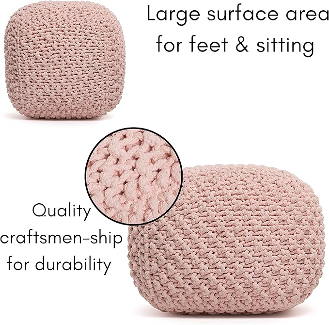 BIRDROCK HOME Square Pouf Ottoman | Cotton Braided Foot Stool with Bean Bag Filling | Boho Foot Rest for Living Room, Bedroom | Compact & Comfortable Seating, Lightweight & Sturdy | Dusty Rose-Ruum Studio Home