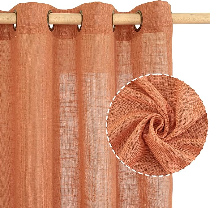 LAMIT Sheer Linen Curtains 63 Inch for Bedroom, Light Filtering Country Decor Semi Sheer Farmhouse Boho Curtains Bronze Grommet Living Room Panels, Burnt Orange, 2 Panels, 52 x 63 Inch-Ruum Studio Home