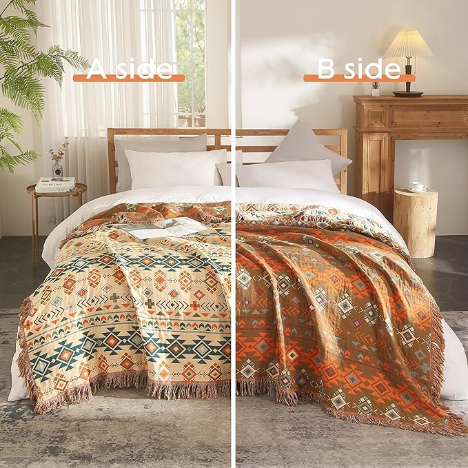 Boho Throw Blanket for Bed 80”x90”, 100% Cotton Woven Blanket for Couch Sofa, Ultra Soft 4-Layer Muslin Quilt with Diamond Pattern, Farmhouse Bed Blanket/Cover for Living Room Decor-Ruum Studio Home
