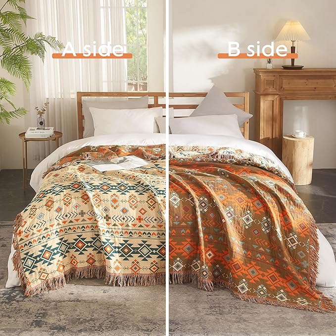 Boho Throw Blanket for Bed 90”x98”, 100% Cotton Woven Blanket for Couch Sofa, Ultra Soft 4-Layer Muslin Quilt with Diamond Pattern, Farmhouse Bed Blanket/Cover for Living Room Decor-Ruum Studio Home