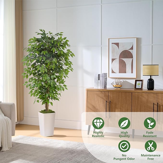 Artificial Ficus Tree 6FT Faux Floor Tree with Planter UV Resistant Potted Fake Silk Plant, Real Wood Trunk-Indoor Outdoor Lifelike Fake Ficus Tree for Home, Living Room Bedroom Topiary Tree-Ruum Studio Home