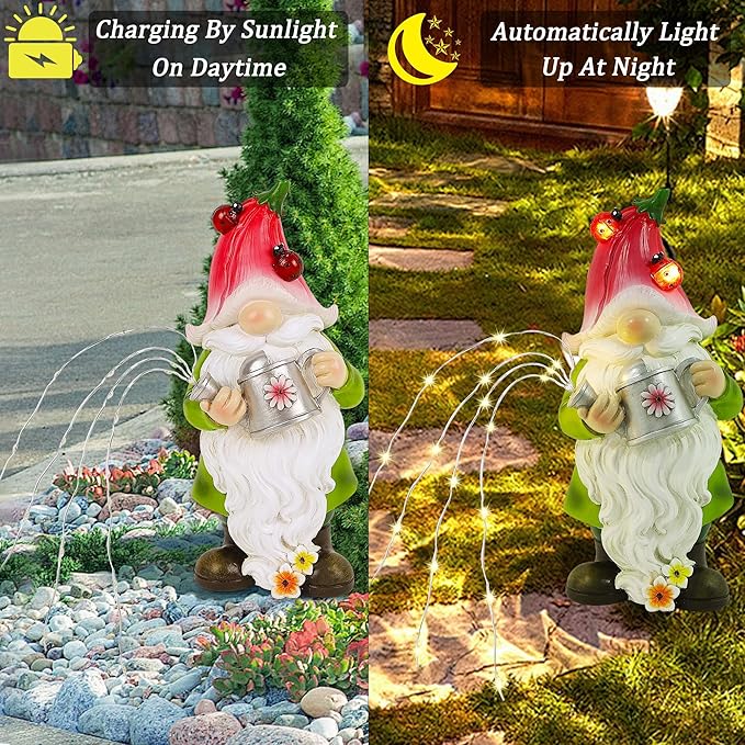Joliyoou Solar Garden Statue Outdoor Decor, 10.2" H Resin Gnome with Watering Can & Solar Fairy Lights, Waterproof Standing Gnome Figurine for Lawn Yard Pathway Patio Front Door Decoration-Ruum Studio Home