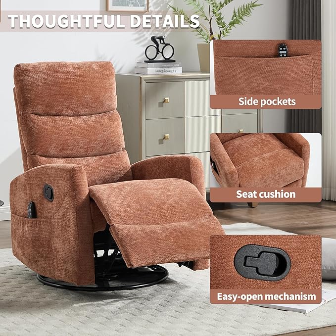 Manual Swivel Rocker Recliner Chair for Adults, Overstuffed Reclining Glider Chair for Nursing with Vibration Massage & Heat, Living Room Rocking Recliner 3-Stage backrest, Chenille Fabric Orange-Ruum Studio Home