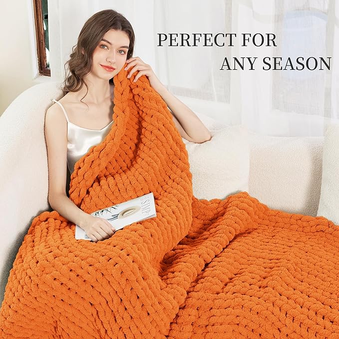 Admitrack Chunky Knit Blanket Throw, 100% Hand Knit Chenille Throw Blanket for Sofa & Home Decor, Soft and Cozy Knitted Throw Blankets (Orange, 51"x63")-Ruum Studio Home