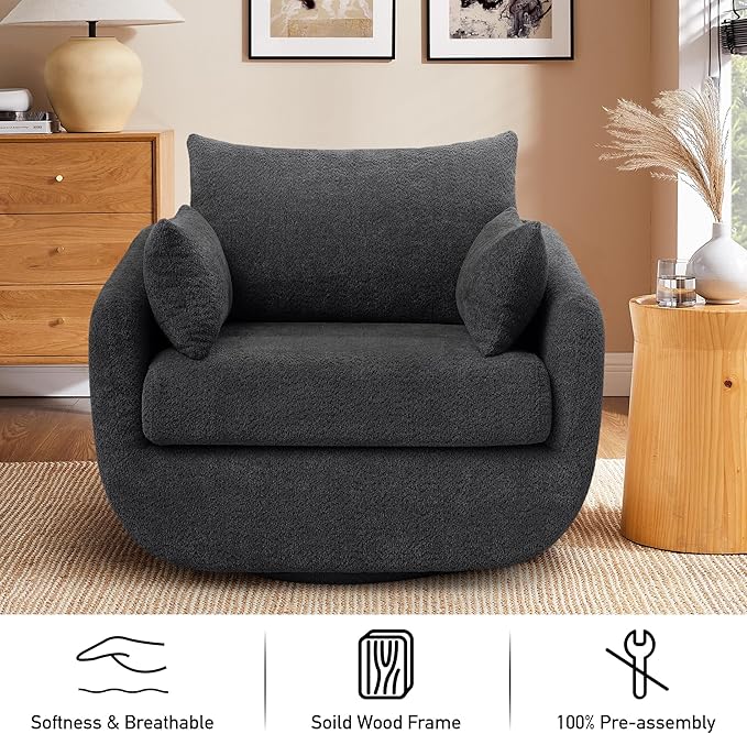 360° Swivel Accent Armchair, 39.3" Oversized, Sherpa Boucle Fabric Sofa Chair with Removable Back & Arm Pillows, Swivel Chair with Cozy Soft Padded, No Assembly Required (1, Dark Gray)-Ruum Studio Home