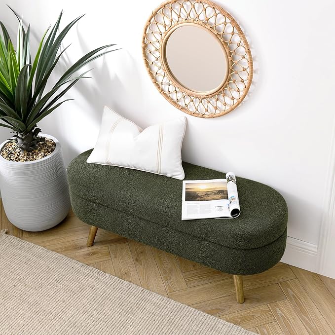 Oval Storage Bench 43.5" Linen Fabric Upholstered Entryway Bench with Solid Wood Legs Ottoman Bench Indoor Bench for Living Room/Bedroom/End of Bed/Entryway (Dark Green)-Ruum Studio Home
