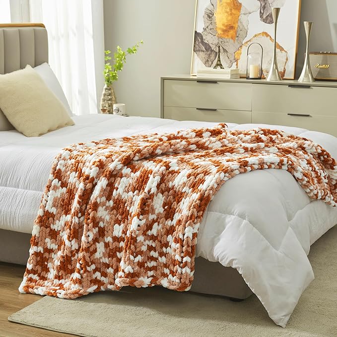 Amélie Home Chunky Knit Throw Blanket for Couch, Soft Chenille Crochet Blanket for Sofa, 50"x60", Space-Dyed Burnt Orange-Ruum Studio Home