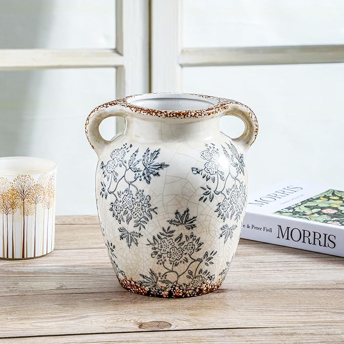 Enra Vintage vase with Handle,Blue and White Ceramic Decorative Flower vase, Chinoiserie Floral Vase,Large Rustic Vases for Home Decors, Living Room, Bookshelf, Office,7.8 in-Ruum Studio Home