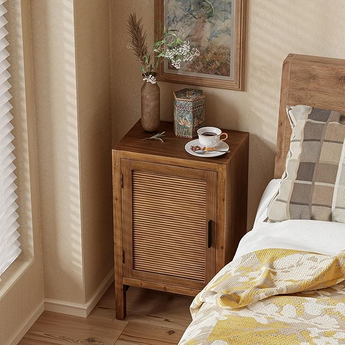 1 Door Farmhouse Nightstand, Rustic Slat Door Cabinet with 2 Shelves, Accent End Table with Storage for Bedroom, Brown-Ruum Studio Home