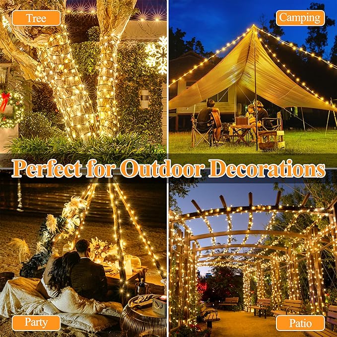 Solar String Lights 120LED 40FT, IP67 Waterproof Solar Lights for Outside with 8 Lighting Modes, Upgraded Solar Panel Fairy Lights for Garden Party Wedding Decorations (Warm White)-Ruum Studio Home
