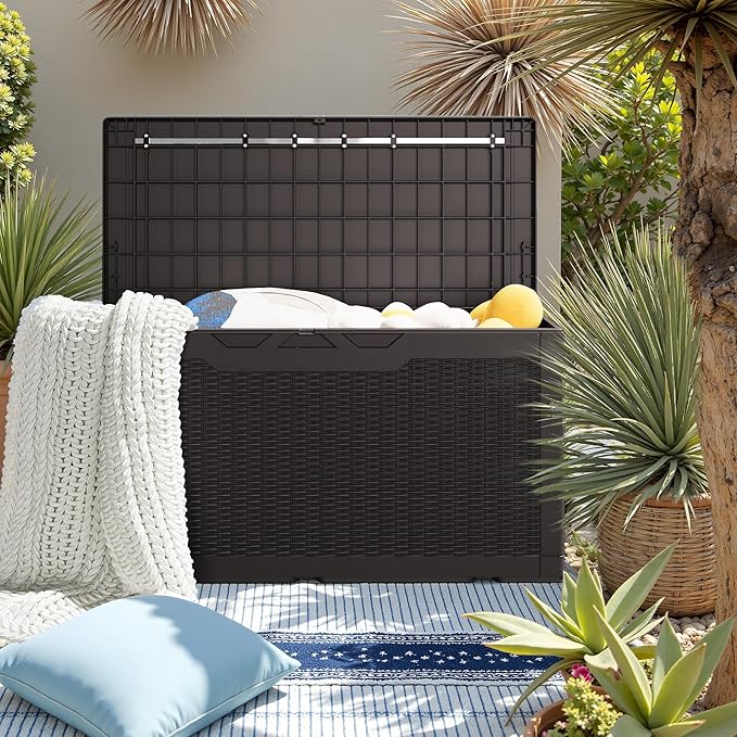 JUMMICO 100 Gallon Resin Deck Box with Cushion, Waterproof Outdoor Storage Box with Lockable Lid for Garden Tools, Patio Cushions (Brown)-Ruum Studio Home