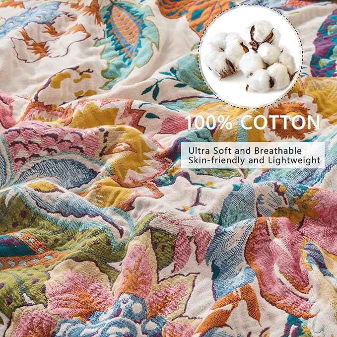 Ultra Soft Lightweight Cotton Quilts,Cozy Summer Boho Throw Blankets,Lightweight Reversible Muslin Blanket Decor Blankets for Armchair Travel, 80"x90" Large Muslin Mexican Throw Blanket-Ruum Studio Home