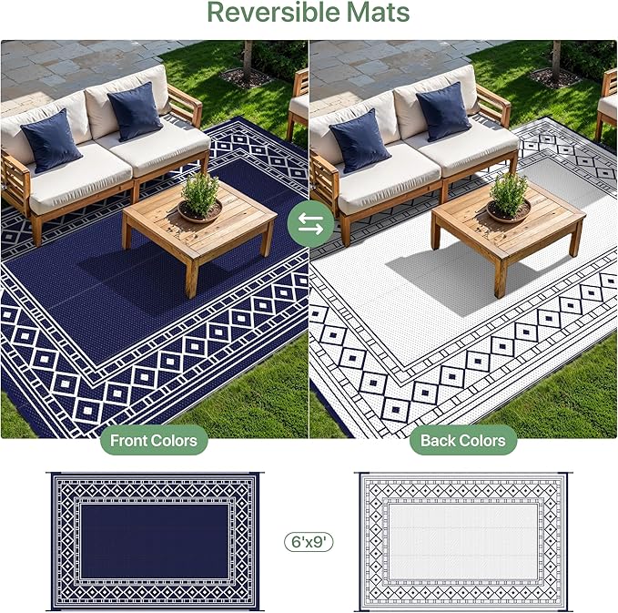 GENIMO Outdoor Rug Waterproof for Patio Decor, 6'x9' Foldable Reversible Plastic Straw Carpet for Travel Trailers, Outside Area Mat for Rv, Deck, Picnic, Porch, Camper, Balcony, Beach, Blue & White-Ruum Studio Home