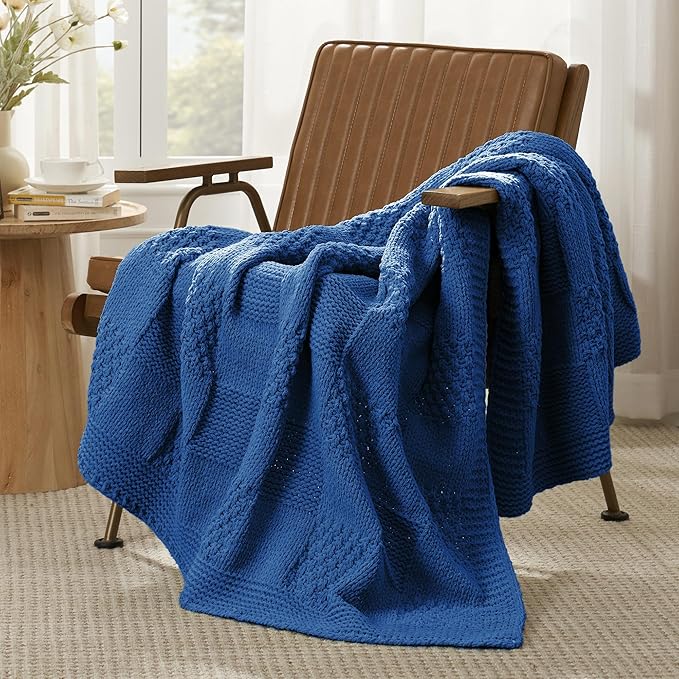 Amélie Home Chenille Knit Throw Blanket for Couch, Checkered Texture Decorative Soft Blanket for Sofa, Bed & Living Room, 50"x60", Blue-Ruum Studio Home