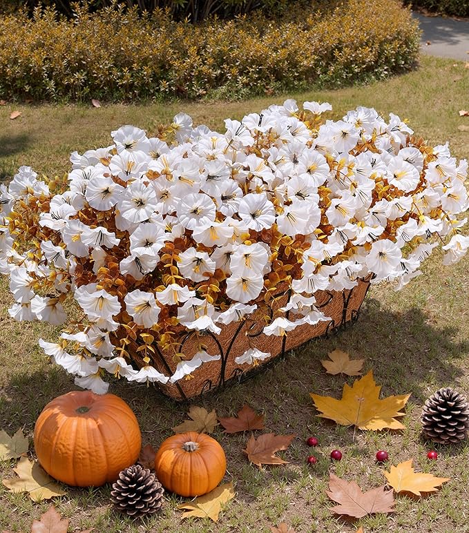 Fake Mums Artificial Fall Flowers Fake Plants for Outdoors Autumn Decor, 12 Bundles White Silk Morning Glory with Eucalyptus Look Real UV Resistant Faux Flowers for Outside Planters Front Door Yard-Ruum Studio Home