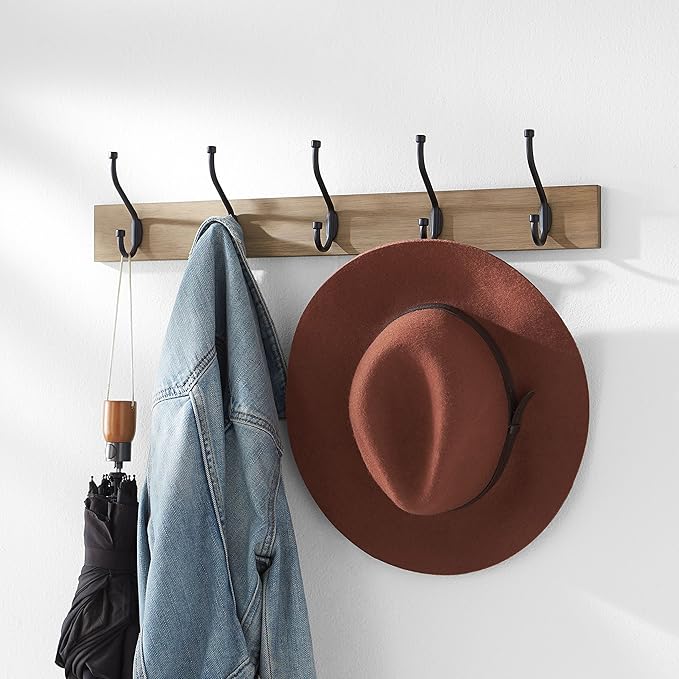 Amazon Basics Rectangular Farmhouse Wall-Mounted Coat Rack with Storage Hooks, 5 Hooks, Barnwood-Ruum Studio Home