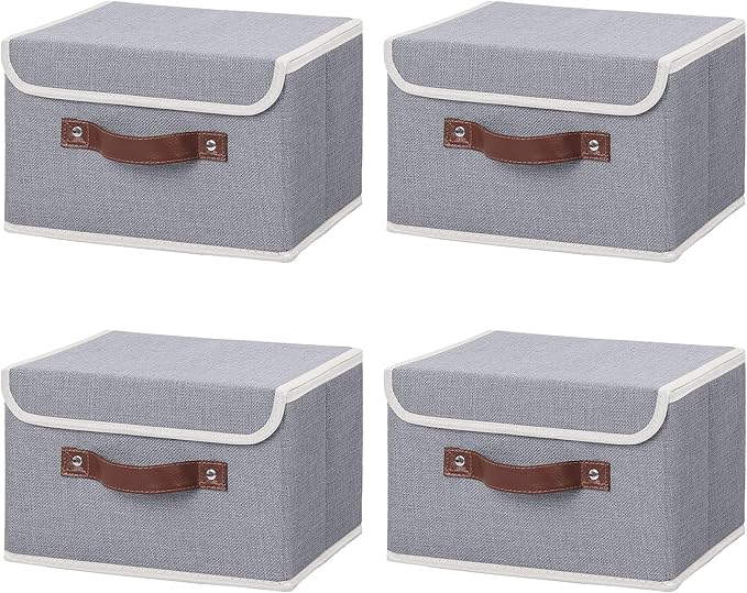 ANMINY 4PCS Storage Bins with Lid PU Leather Handles Storage Boxes PP Plastic Board Decorative Foldable Lidded Cotton Linen Fabric Home Cubes Baskets Closet Organizer Containers - Gray, Small Size-Ruum Studio Home
