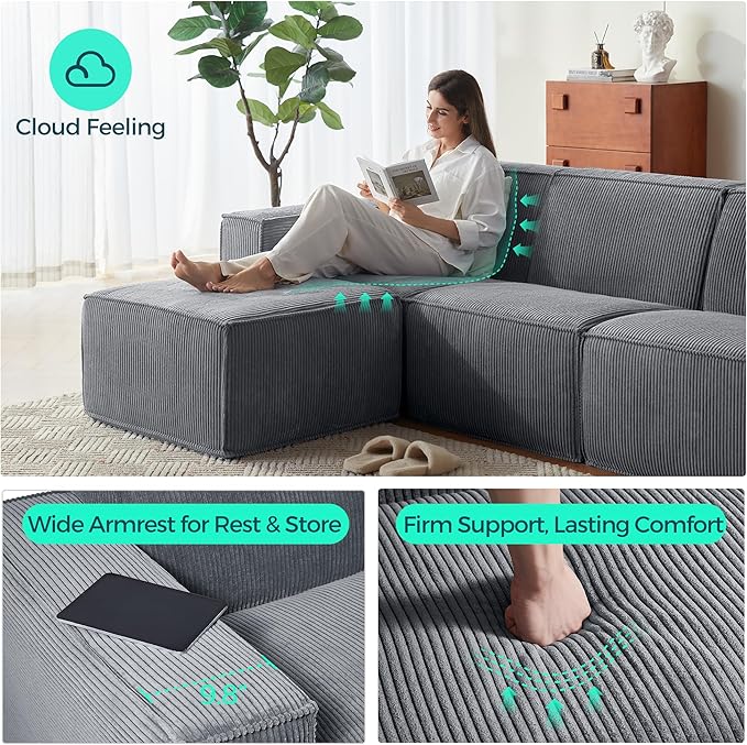 LINSY HOME Modular Sectional Sofa, 134" Boneless Couch L Shaped 4-Seat Sofa with Movable Ottoman, Corduroy Sectional Cloud Couches for Living Room, No Assembly Required, Bluish Grey-Ruum Studio Home