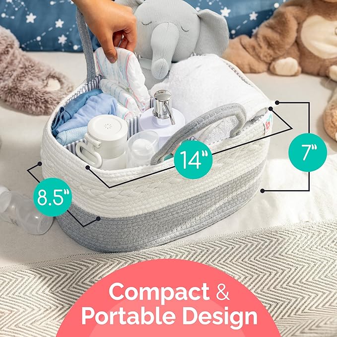 Rope Diaper Caddy - Storage for Baby and Toddler Items - Portable Cotton Organizer Easily Holds Diapers, Wipes, Clothing - Useful for Nursery, Bedroom (Gray, Regular)-Ruum Studio Home