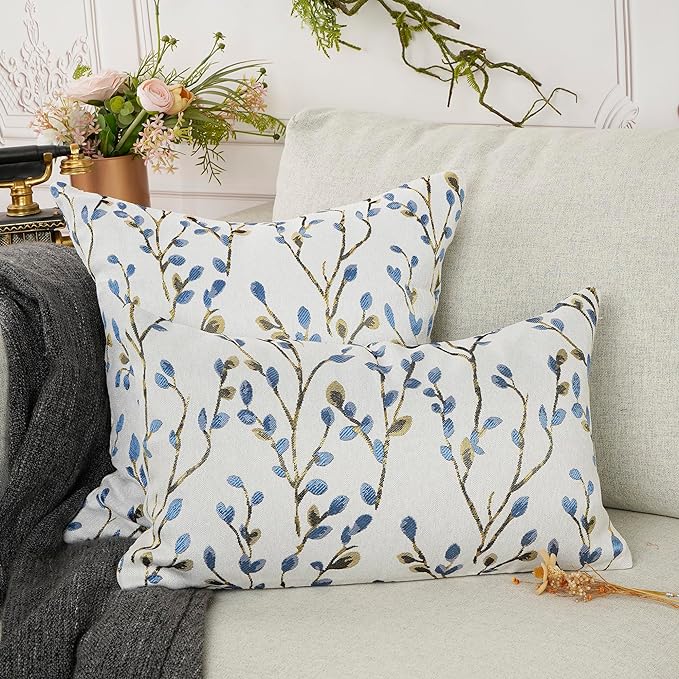 YOUR SMILE Classical Embroidery Jacquard Blue Square Decorative Throw Pillow Case Cushion Cover,12x20 inch-Ruum Studio Home