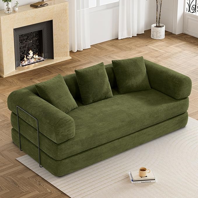 80.3" Convertible Sleeper Sofa Bed with Cylindrical Pillow, Corduroy Folding Mattress Couch with Fixed-Shape Frame, Modular Floor Sofa Lounge Couch for Living Room Bedroom Lounge, Green-Ruum Studio Home
