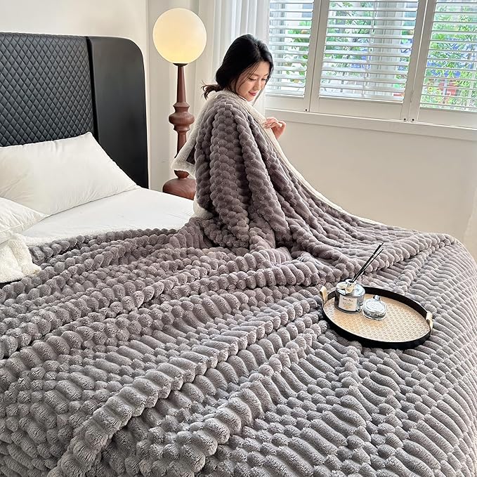 UKELER Sherpa Throw Blanket 60 × 80 inch, 470 GSM Striped Sherpa Fleece Blanket for All Season, Warm and Cozy Blankets for Couch Sofa Bed Office Camping, Dark Grey-Ruum Studio Home