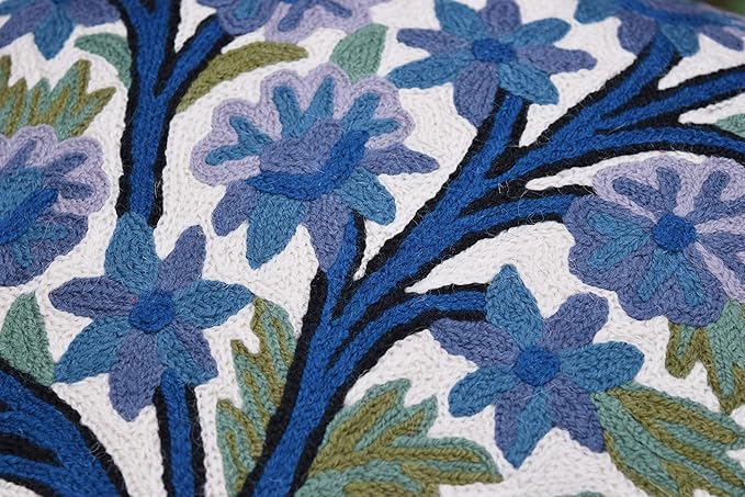 Blue Tree of Life Pillow Cover Indigo Plant Floral Pillowcase Needlepoint Botanical Flower Suzani Cushions Traditional Boho Modern Floral Cushion Wool Size - 18x18-Ruum Studio Home