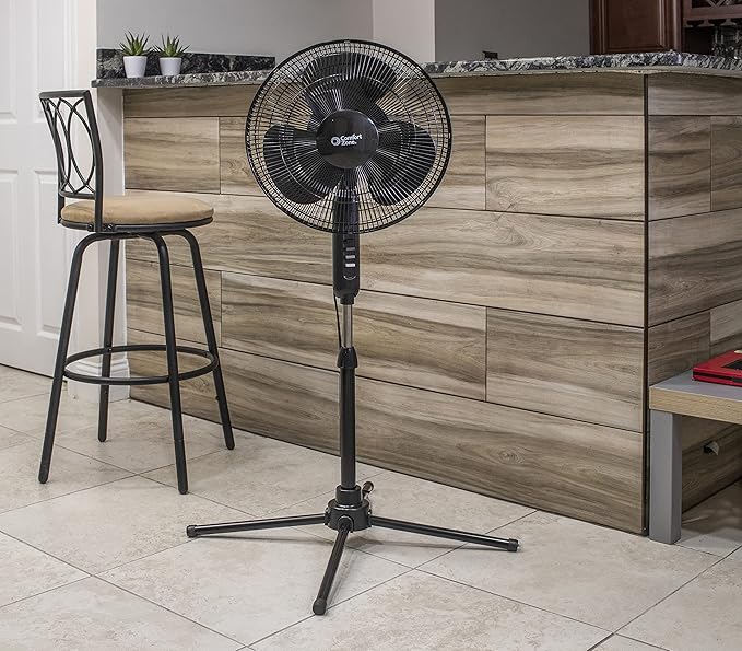 Comfort Zone Electric Oscillating Pedestal Fan, Stand Fan, 16 inch, 3 Speed, 90 Degree Oscillating Head, Adjustable Height and Tilt, Airflow 7.48 ft/sec, Ideal for Home, Bedroom & Office, CZST161BTEBK-Ruum Studio Home