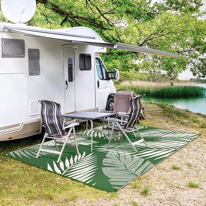 GENIMO Outdoor Rug 9' x 12' Waterproof for Patios Clearance, Reversible Outdoor Plastic Straw Camping Rug Carpet, Large Area Rugs Mats for RV, Picnic, Backyard, Deck, Balcony, Porch, Dark Green&White-Ruum Studio Home