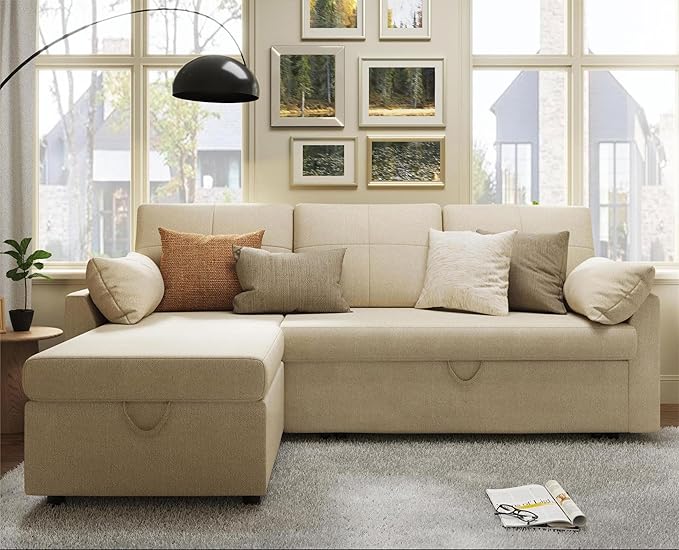 VanAcc Sleeper Sofa, Sofa Bed- 2 in 1 Pull Out Couch Bed with Storage Chaise for Living Room, Comfy Sleeper Couch, Beige Chenille-Ruum Studio Home