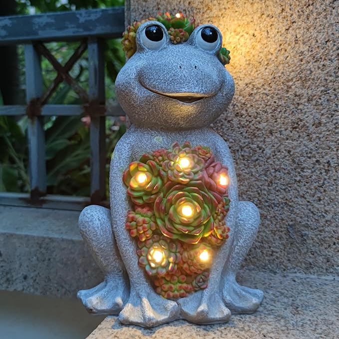 Large Frog Solar Garden Outdoor Statues with Succulent and 8 LED Lights,Outside Solar Frog Art Decor for Lawn,Yard, Balcony Ornament-Ruum Studio Home