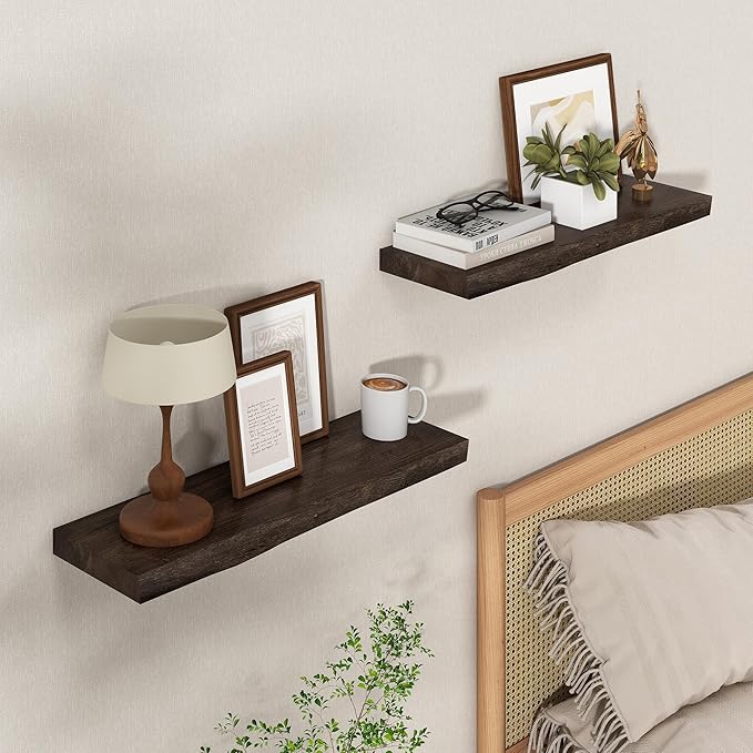 Axeman 24 inch Floating Shelves for Wall - 8'' D Live Edge Rustic Solid Elm Wood Floating Shelves Wall Mounted, Wall Shelves with Invisible Bracket for Living Room Bedroom Kitchen, Set of 2 Walnut-Ruum Studio Home