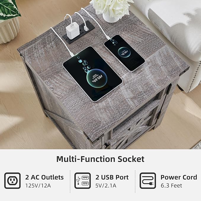 JXQTLINGMU Farmhouse End Table with Charging Station, 18'' Rustic Nightstand with Barn Door & Adjustable Shelf, Wooden Sofa Side Table with 3-Tier Storage for Living Room, Bedroom, Gray-Ruum Studio Home