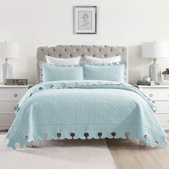 MarCielo 3-Piece 100% Cotton Oversized Bedspread Lightweight Quilt Coverlet Embroidery Farmhouse Bedding Set (TW Mint Green Blue, Oversized Queen (100"x106"))-Ruum Studio Home