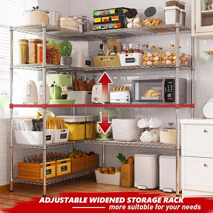 REIBII 58" W 5 Tier Heavy Duty Wire Shelving Unit with Adjustable Shelves - 1400LB Metal, Chrome - 58" W x 59" H x 13.8" D - Garage, Pantry, Kitchen-Ruum Studio Home