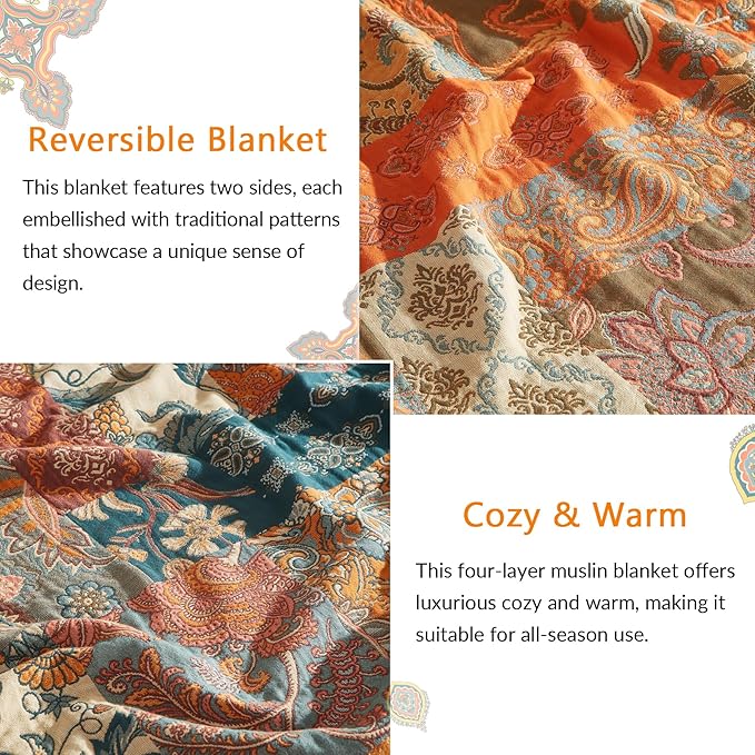 Boho Throw Blanket for Couch Sofa Bed, 100% Cotton Woven Quilt with Tassel 60”x80”, Super Soft Muslin Blanket with Floral Printed, Decorative Reversible Bed Blanket/Cover for All Seasons-Ruum Studio Home
