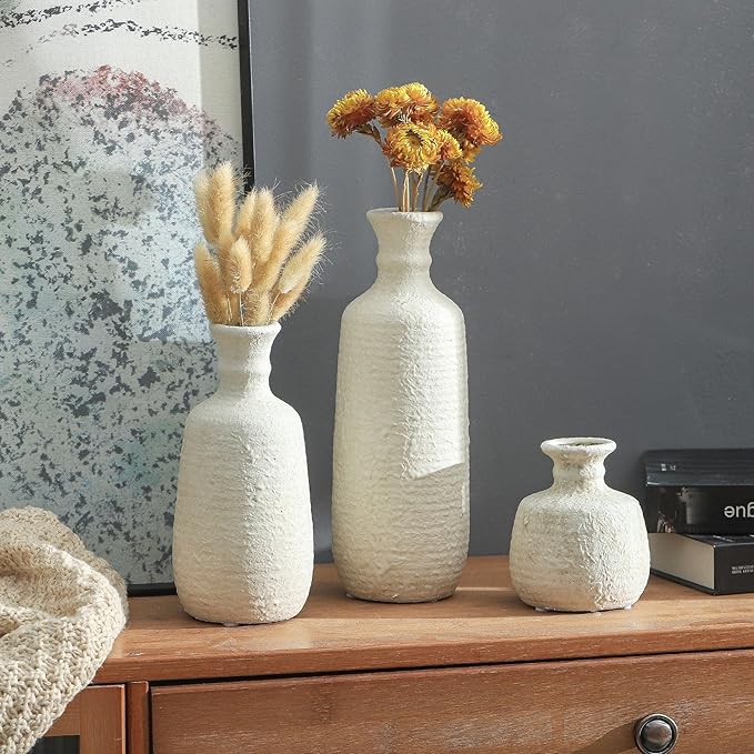 Ceramic Vase Set of 3, Neutral Rustic Vases Home Decor Farmhouse Decorative Vase Whitewashed Pottery Decor Boho Modern for Table Mantel Entryway Bookshelf Living Room Kitchen Bathroom Bedroom - White-Ruum Studio Home