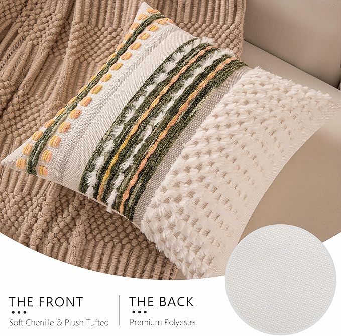 Boho Chenille Tufted Couch Throw Pillow Covers 18x18 Inch Set of 2 Farmhouse Striped Decorative Pillow Covers Accent Neutral Pillowcase Dark Green Cushion Cover for Living Room Sofa Bed-Ruum Studio Home